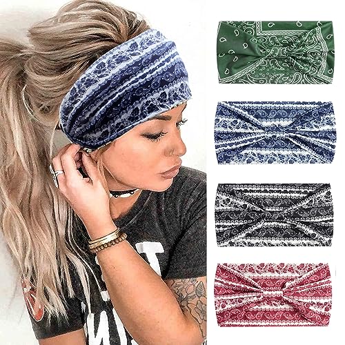 4Pcs Bandana Hairbands Boho Hair Accessories Adult Women Vintage Wide Headbands for Women Twist Elastic Turban Non Slip Hair Scarf (Greencashew) von HUANMAYE