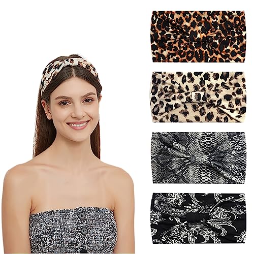 4Pcs Bandana Hairbands Boho Hair Accessories Adult Women Vintage Wide Headbands for Women Twist Elastic Turban Non Slip Hair Scarf (Snake) von HUANMAYE