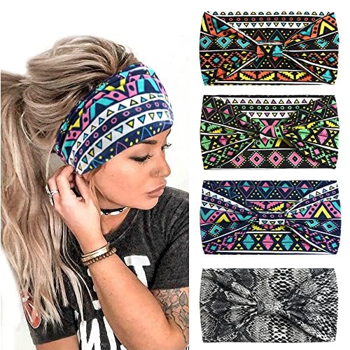 4Stück Stirnbänder für Frauen Breite verknotete Turban Bandana Boho Kopftücher Wraps Yoga Haarbänder Stoff elastische Stirnband Sport Laufen Kopftücher (BohoFlower) von HUANMAYE