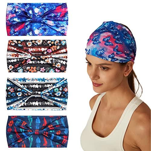 4Stück Stirnbänder für Frauen Breite verknotete Turban Bandana Boho Kopftücher Wraps Yoga Haarbänder Stoff elastische Stirnband Sport Laufen Kopftücher von HUANMAYE