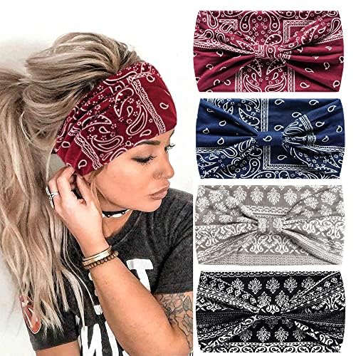 4Stück Stirnbänder für Frauen Breite verknotete Turban Bandana Boho Kopftücher Wraps Yoga Haarbänder Stoff elastische Stirnband Sport Laufen Kopftücher (Cashew) von HUANMAYE