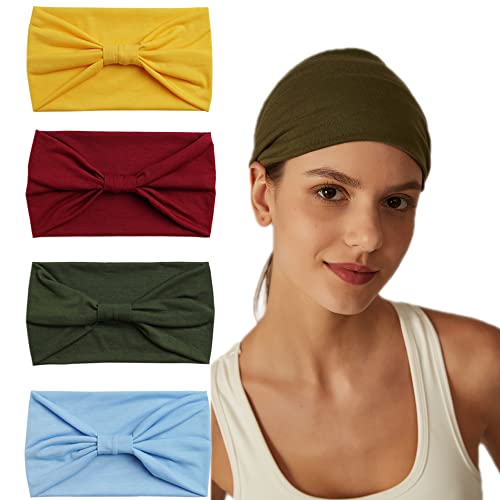 4Stück Stirnbänder für Frauen Breite verknotete Turban Bandana Boho Kopftücher Wraps Yoga Haarbänder Stoff elastische Stirnband Sport Laufen Kopftücher (PlainRed) von HUANMAYE