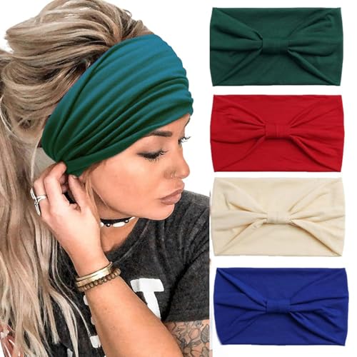 4Stück Stirnbänder für Frauen Breite verknotete Turban Bandana Boho Kopftücher Wraps Yoga Haarbänder Stoff elastische Stirnband Sport Laufen Kopftücher von HUANMAYE