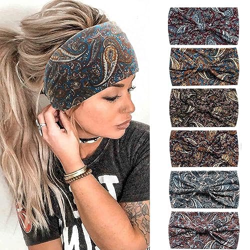 6PCS Stirnbänder für Frauen Breite Boho Kopftücher Rutschfeste Bandanas Haarbänder Elastische Haar-Accessoires Geknotete Turbane Head Wrap Erwachsene von HUANMAYE