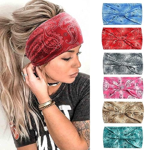 6PCS Stirnbänder für Frauen Breite Boho Kopftücher Rutschfeste Bandanas Haarbänder Elastische Haar-Accessoires Geknotete Turbane Head Wrap Erwachsene von HUANMAYE