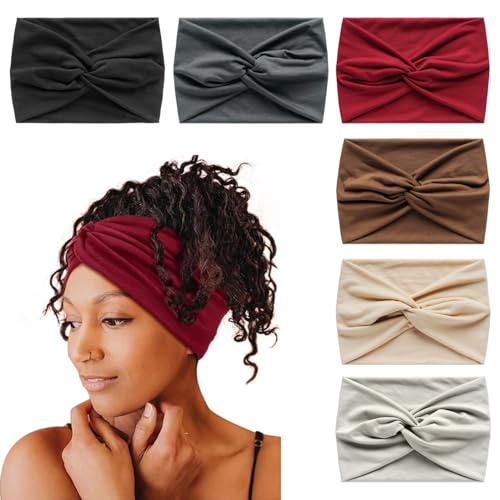 6Stück Stirnbänder für Frauen Breite verknotete Turban Bandana Boho Kopftücher Wraps Yoga Haarbänder Stoff elastische Stirnband Sport Laufen Kopftücher von HUANMAYE