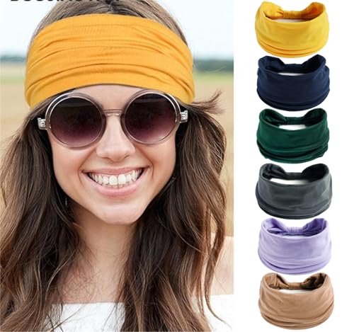 6Stück Stirnbänder für Frauen Breite verknotete Turban Bandana Boho Kopftücher Wraps Yoga Haarbänder Stoff elastische Stirnband Sport Laufen Kopftücher von HUANMAYE