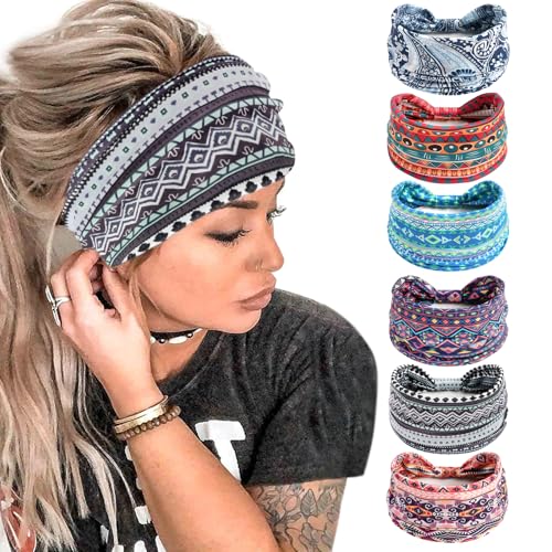 6PCS Stirnbänder für Frauen Breite Boho Kopftücher Rutschfeste Bandanas Haarbänder Elastische Haar-Accessoires Geknotete Turbane Head Wrap Erwachsene von HUANMAYE