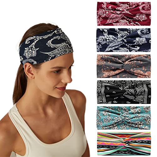 6Stück Bandana Stirnbänder für Frauen breite wellige Kopftuch Boho Kopftücher Wraps Turban Stoff elastische Stirnband Yoga Haarbänder Sport Laufen Kopftücher von HUANMAYE