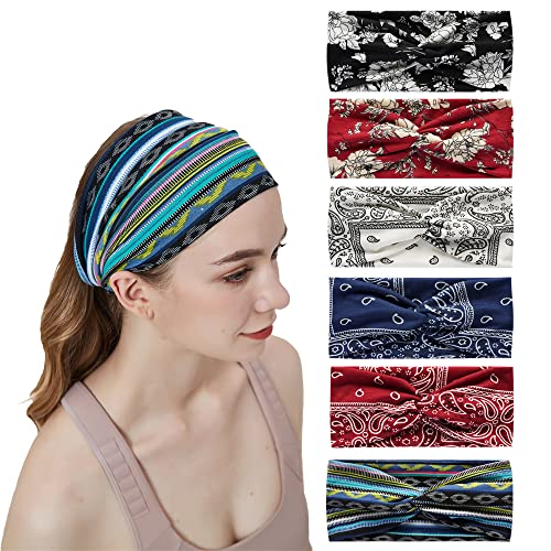 6Stück Bandana Stirnbänder für Frauen breite wellige Kopftuch Boho Kopftücher Wraps Turban Stoff elastische Stirnband Yoga Haarbänder Sport Laufen Kopftücher von HUANMAYE