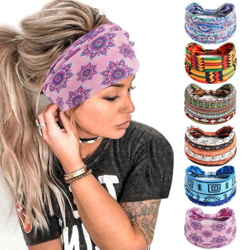 6Pcs Bandana Haarbänder Boho Haarschmuck Erwachsene Frauen Vintage breite Stirnbänder für Frauen Twist elastische Turban Anti-Rutsch-Haar-Schal von HUANMAYE