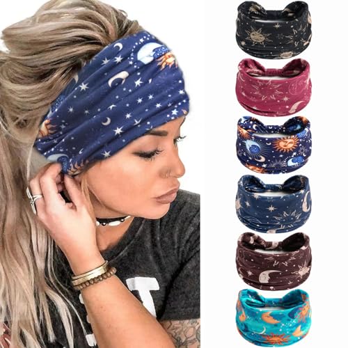 6Pcs Bandana Haarbänder Boho Haarschmuck Erwachsene Frauen Vintage breite Stirnbänder für Frauen Twist elastische Turban Anti-Rutsch-Haar-Schal von HUANMAYE