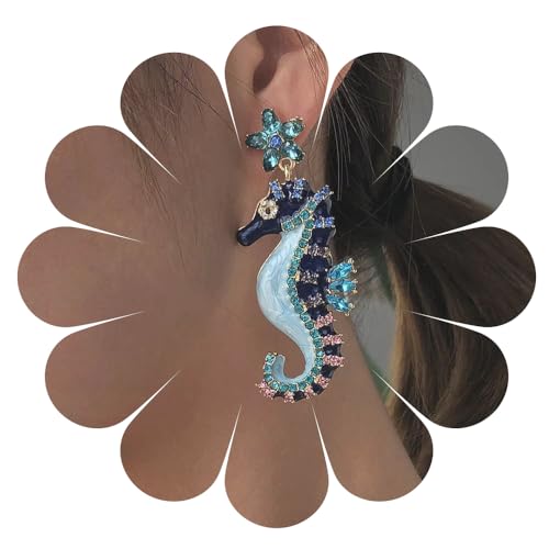 Damen Diamant Ohrringe Boho Smaragd Ohrringe Clip auf Ohrringe Kristall Ohrringe Ohrstecker Sommer Strand Schmuck Geschenk für Frauen Mädchen (SeahorseDE) von HUANMAYE