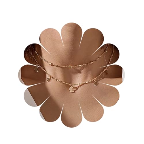 Halskette für Frauen Double Clavicle Choker Mond und Stern Anhänger Halsketten Personalisierte Halskette Silberkette Schmuck Geschenke für Frauen von HUANMAYE