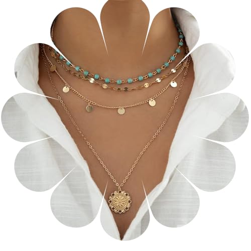 HUANMAYE Layered Gold Bohemian Beaded Necklace Choker Long Necklace Coin Sun Pendant Necklace Turquoise Fine Chain Personalisierte Pailletten Schmuck für Frauen Party von HUANMAYE