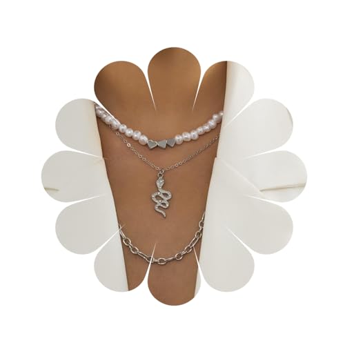 Layered Halskette Silber Bohemian Perle Choker Schlange Anhänger Handmade Halsketten Verstellbare Halskette Kreuz Kette Frauen Schmuck Sets von HUANMAYE