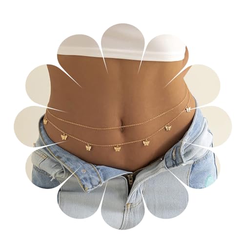 Mode Körperkette Taille geschichtete Schmetterling Körperkette Bauch Bikini Kette Körperzubehör Schmuck für Frauen und Mädchen Gold (ButGDEA) von HUANMAYE