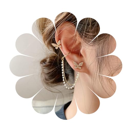Ohr Manschette Kette Ohrring für Frauen Diamant Schmetterlinge baumeln Ohrring Perle lange Quaste Threader Ohrring einzelne Clip auf Ohrring Schmuck Geschenk für Sie (Gold) (ButG5DEA) von HUANMAYE