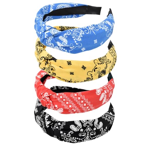 Stirnbänder für Frauen und Mädchen - Boho Wide Knot Turban Stoff Haarband No Slip Elastische Haare Hoops Mode Haarschmuck Erwachsene 4Pcs von HUANMAYE