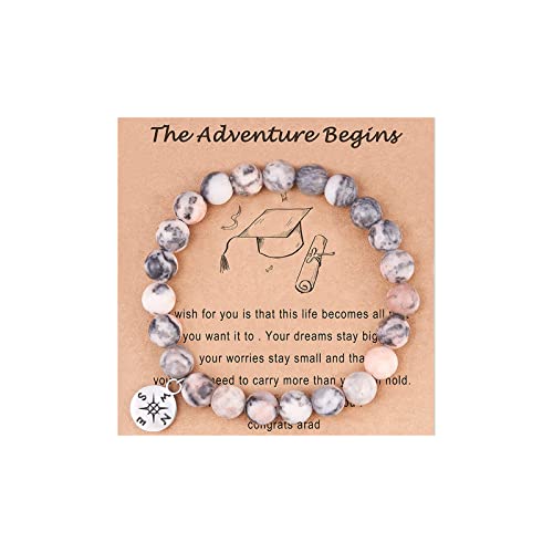 HUASAI Abschlussgeschenke für Frauen, Abschlussarmband für Mädchen, Naturstein-Perlenarmband, Kompass, Charm-Armband, The Adventure Begins Armband, Metall, andere, Einstellbar, Metall Bambus Metall, von HUASAI