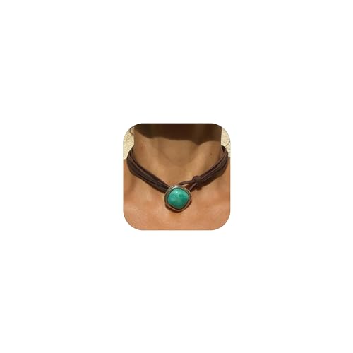 HUASAI Boho Necklaces for Women Brown Suede Choker Necklace for Women Trendy Boho Layered Leather Necklace Western Turquoise Necklace Boho Jewelry Western Outfit for Women von HUASAI