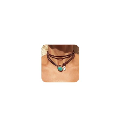HUASAI Boho Necklaces for Women Brown Suede Choker Necklace for Women Trendy Boho Layered Leather Necklace Western Turquoise Necklace Boho Jewelry Western Outfit for Women von HUASAI