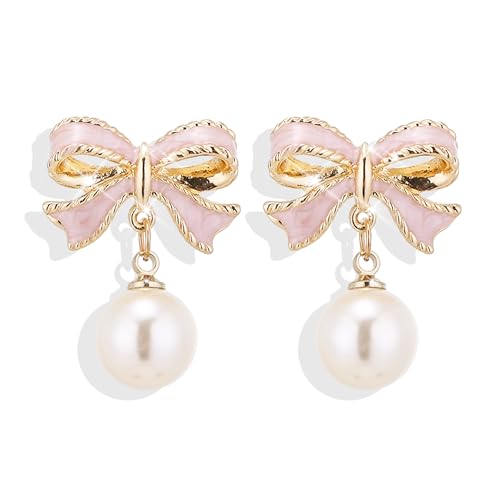 Pink Pearl Bow Earrings Pearl Drop Earrings for Women Rhinestone Bow Earrings for Women Trendy Stuff Christmas Gifts von HUASAI
