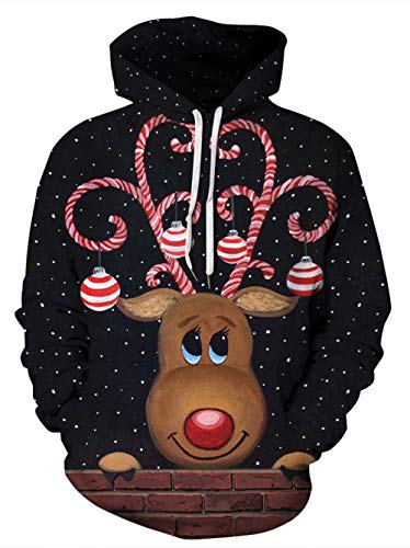 HUASON Unisex 3D Druck Hoodie Weihnachten Kapuzenpullover Bedruckt mit Rudolph Reindeer Schneemann Pullover für Herren und Damen(L) von HUASON