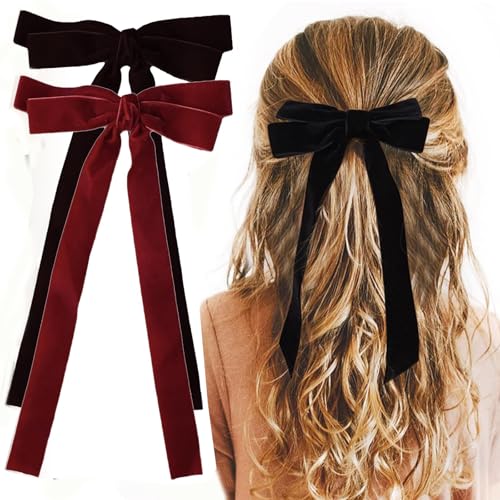 HUATEEN Haarschleifen,2 Stück Samt-Haarschleifen Haarspange Haarband mit Klammern Schleife Haare Ranzösische Haarklammern für Damen,Mädchen,Kleinkinder,Teenager, Kinder,Schwarz/Rot von HUATEEN