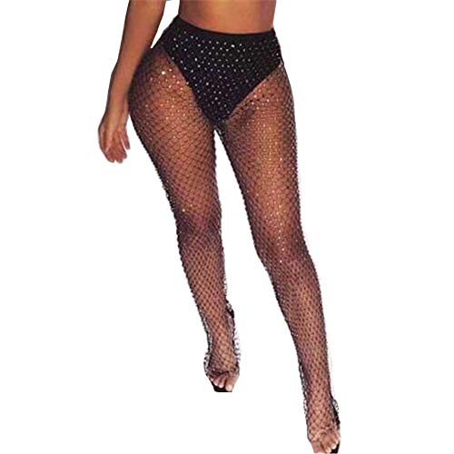 HUAZONG Damen-Netzhose mit Strasssteinen, sexy, durchsichtig, für Clubs, Partys, lange Hosen, glitzernd, glitzernd, glitzernd, schwarz 1, L von HUAZONG