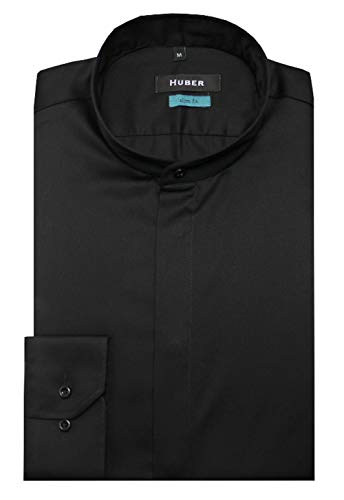 HUBER Herren Stehkragenhemd Slim Fit Verd. Knopfleiste schwarz M von HUBER