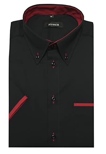 HUBER Kurzarm Button-Down schwarz-rot XL von HUBER