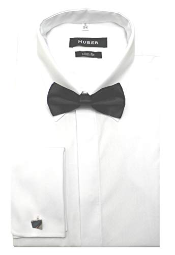 HUBER Slim Fit Herren Manschettenhemd Langarm weiss inkl. Fliege schwarz u. Manschettenknöpfe S von HUBER