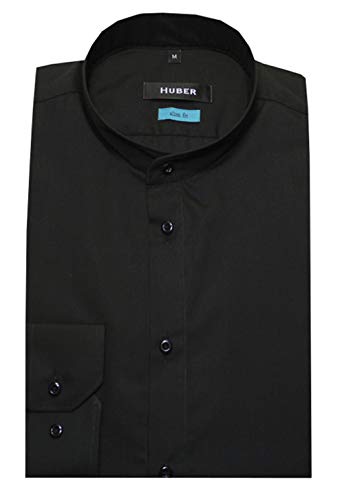 HUBER Slim Fit Herren Stehkragenhemd Langarm figurbetont schwarz M von HUBER
