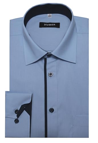 HUBER Herren Patch Hemd Langarm hellblau mit Kontrast Marine M von HUBER