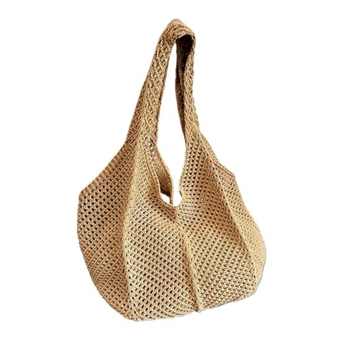 Gestrickte Umhängetasche Gehäkelte Tragetasche for Damen, modische, ausgehöhlte Stricktasche, große Kapazität, Handtasche for den Sommer, Strand, einfarbig, gewebte Schultertasche(Lightbrown) von HUDFVIOI