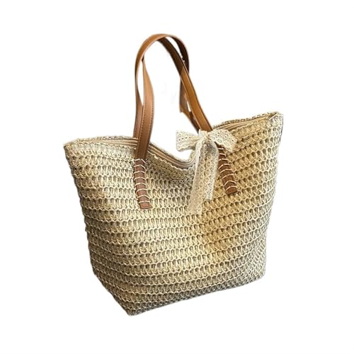 Gestrickte Umhängetasche Sommer Gewebte Schultertasche Frauen Strand Schultertasche Weibliche Stroh Gestrickte Handgemachte Große Kapazität Handtasche Geldbörse Reise Tragetaschen(A-beigeAddRibbon) von HUDFVIOI