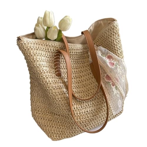 Gestrickte Umhängetasche Sommer Gewebte Schultertasche Frauen Strand Schultertasche Weibliche Stroh Gestrickte Handgemachte Große Kapazität Handtasche Geldbörse Reise Tragetaschen(A-beigeAddScarf) von HUDFVIOI