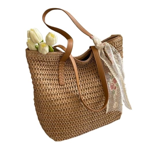 Gestrickte Umhängetasche Sommer Gewebte Schultertasche Frauen Strand Schultertasche Weibliche Stroh Gestrickte Handgemachte Große Kapazität Handtasche Geldbörse Reise Tragetaschen(A-khakiAddScarf) von HUDFVIOI