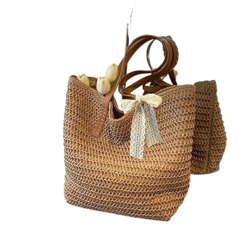 Gestrickte Umhängetasche Sommer Gewebte Schultertasche Frauen Strand Schultertasche Weibliche Stroh Gestrickte Handgemachte Große Kapazität Handtasche Geldbörse Reise Tragetaschen(A-khakiAddRibbon) von HUDFVIOI