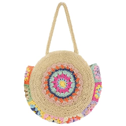 HUDFVIOI Gestrickte Umhängetasche Bunte Webtasche im Ethno-Stil, stilvolle Schultertasche for Damen, runde, aus Stroh gewebte Strandtasche, große Kapazität, Häkeltasche(Beige 45x45x3cm) von HUDFVIOI