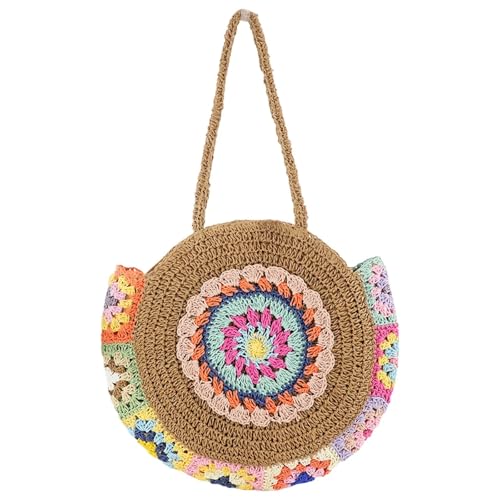HUDFVIOI Gestrickte Umhängetasche Bunte Webtasche im Ethno-Stil, stilvolle Schultertasche for Damen, runde, aus Stroh gewebte Strandtasche, große Kapazität, Häkeltasche(Light Brown45x45x3cm) von HUDFVIOI
