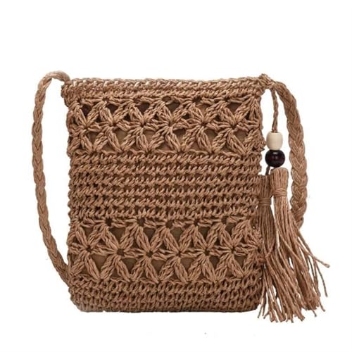 HUDFVIOI Gestrickte Umhängetasche Damen Strandtasche aus gewebtem Stroh, Schultertasche, Umhängetasche mit Quaste, aushöhlen, gehäkelte Umhängetasche(Khaki) von HUDFVIOI