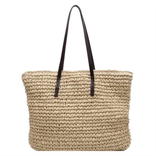 HUDFVIOI Gestrickte Umhängetasche Handgewebte Damen-Schulterhandtasche aus Stroh, Einkaufstasche, Reise-Shopper, Web-Einkaufstasche, Strandparty-Schultertasche(Khaki) von HUDFVIOI