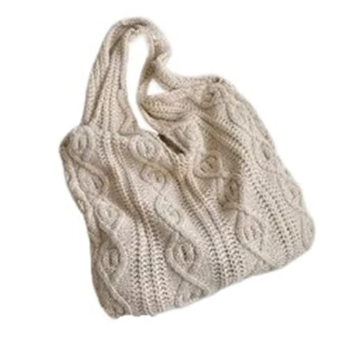 HUDFVIOI Gestrickte Umhängetasche Knitted Shoulder Shopping Bag For Women Vintage Cotton Cloth Girls Tote Shopper Bag Large Female Handbag Crochet Bag(Beige) von HUDFVIOI
