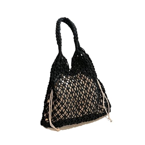 HUDFVIOI Gestrickte Umhängetasche Sommer Gewebte Tasche for Frauen Handtaschen Handarbeit Gestrickte Strand Schultertasche Große Tragetasche Ausgehöhlte Einkaufstasche(Blackinner) von HUDFVIOI