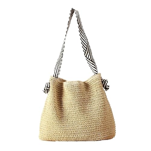 HUDFVIOI Gestrickte Umhängetasche Stroh gewebte Stroh Strandtasche Mode große Kapazität Knoten Schultergurte einzelne Schultertasche Einkaufstasche Reise(BEIGE) von HUDFVIOI