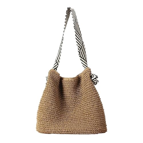 HUDFVIOI Gestrickte Umhängetasche Stroh gewebte Stroh Strandtasche Mode große Kapazität Knoten Schultergurte einzelne Schultertasche Einkaufstasche Reise(Khaki) von HUDFVIOI