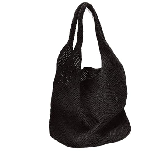 HUDFVIOI Gestrickte Umhängetasche Trend Damen Tasche Häkeln Handtasche Retro Gestrickt Einfarbig Hohl Top-griff Einkaufstasche Reise Shopper Schultertasche(Black) von HUDFVIOI