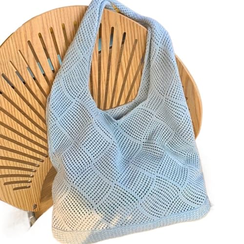 HUDFVIOI Gestrickte Umhängetasche Trend Damen Tasche Häkeln Handtasche Retro Gestrickt Einfarbig Hohl Top-griff Einkaufstasche Reise Shopper Schultertasche(Blue) von HUDFVIOI